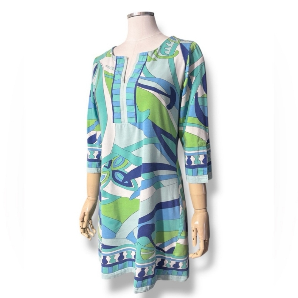 BARBARA GERWIT Engineered Knit Dress Slit Neck Three Quarter Slit Sleeves